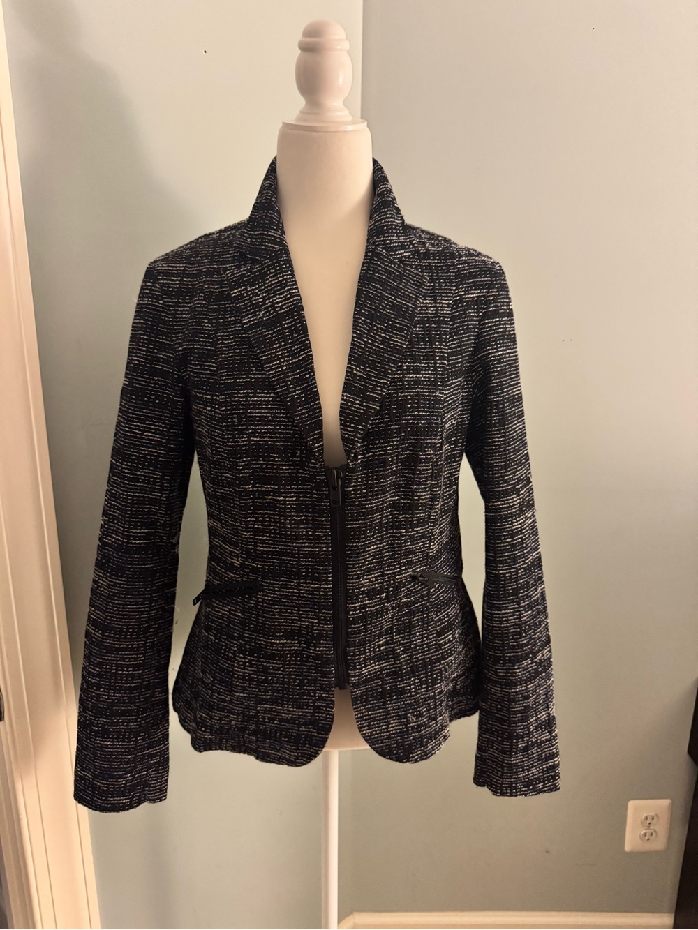 Cabi Mingle blue and black tweed zip up jacket